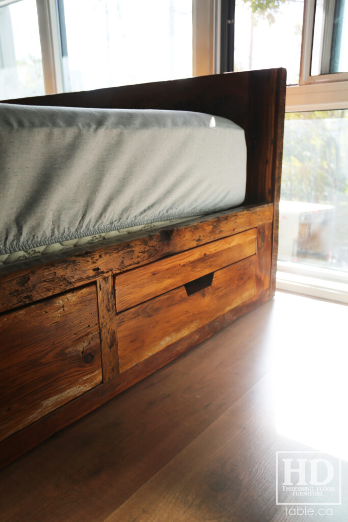 Ontario Barnwood Queen Sized Platform Bed - Reclaimed 2" Hemlock Threshing Floor Construction - Bottom Drawers / notch out handles - Built-in swivel end table platforms - Polyurethane clearcoat finish - www.table.ca