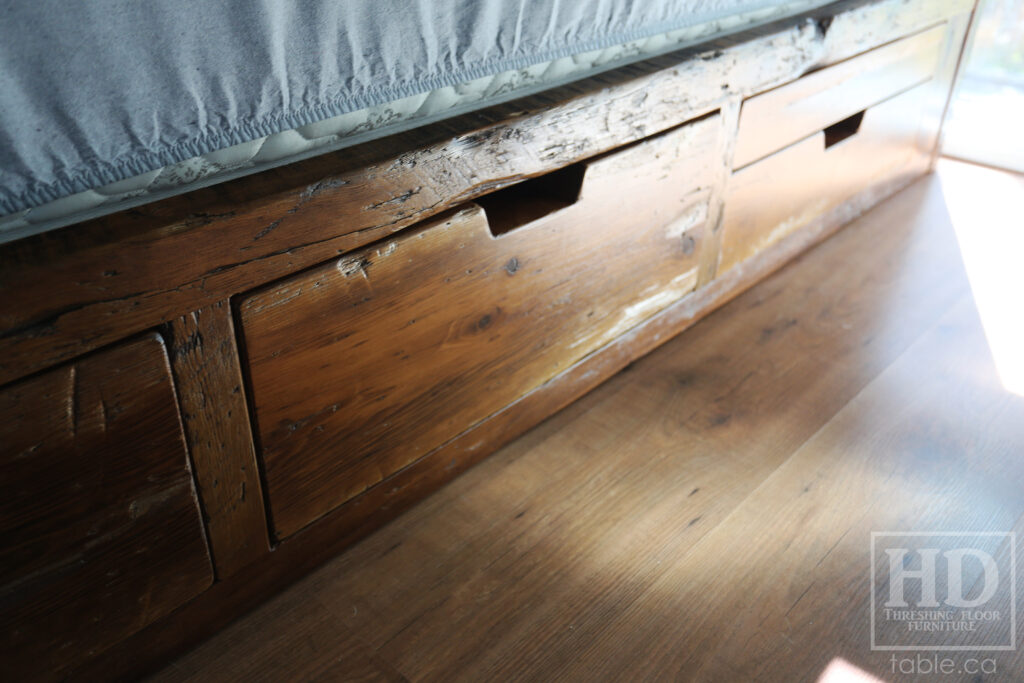 Ontario Barnwood Queen Sized Platform Bed - Reclaimed 2" Hemlock Threshing Floor Construction - Bottom Drawers / notch out handles - Built-in swivel end table platforms - Polyurethane clearcoat finish - www.table.ca