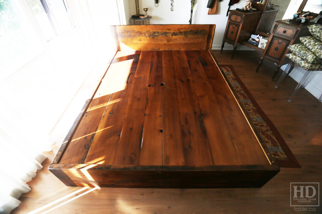 Ontario Barnwood Queen Sized Platform Bed - Reclaimed 2" Hemlock Threshing Floor Construction - Bottom Drawers / notch out handles - Built-in swivel end table platforms - Polyurethane clearcoat finish - www.table.ca