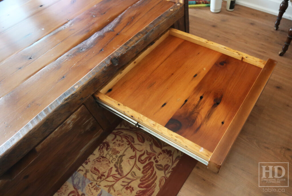 Ontario Barnwood Queen Sized Platform Bed - Reclaimed 2" Hemlock Threshing Floor Construction - Bottom Drawers / notch out handles - Built-in swivel end table platforms - Polyurethane clearcoat finish - www.table.ca