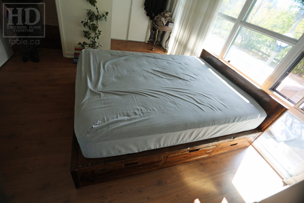 Ontario Barnwood Queen Sized Platform Bed - Reclaimed 2" Hemlock Threshing Floor Construction - Bottom Drawers / notch out handles - Built-in swivel end table platforms - Polyurethane clearcoat finish - www.table.ca