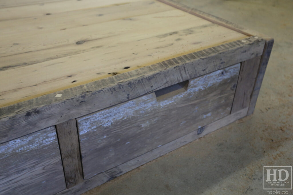 Ontario Barnwood Queen Sized Platform Bed - Reclaimed 2" Hemlock Threshing Floor Construction - Bottom Drawers / notch out handles - Built-in swivel end table platforms - Polyurethane clearcoat finish - www.table.ca