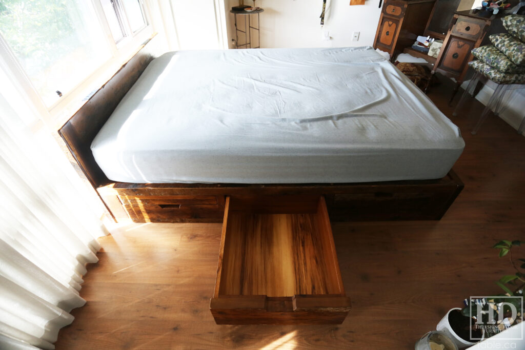 Ontario Barnwood Queen Sized Platform Bed - Reclaimed 2" Hemlock Threshing Floor Construction - Bottom Drawers / notch out handles - Built-in swivel end table platforms - Polyurethane clearcoat finish - www.table.ca