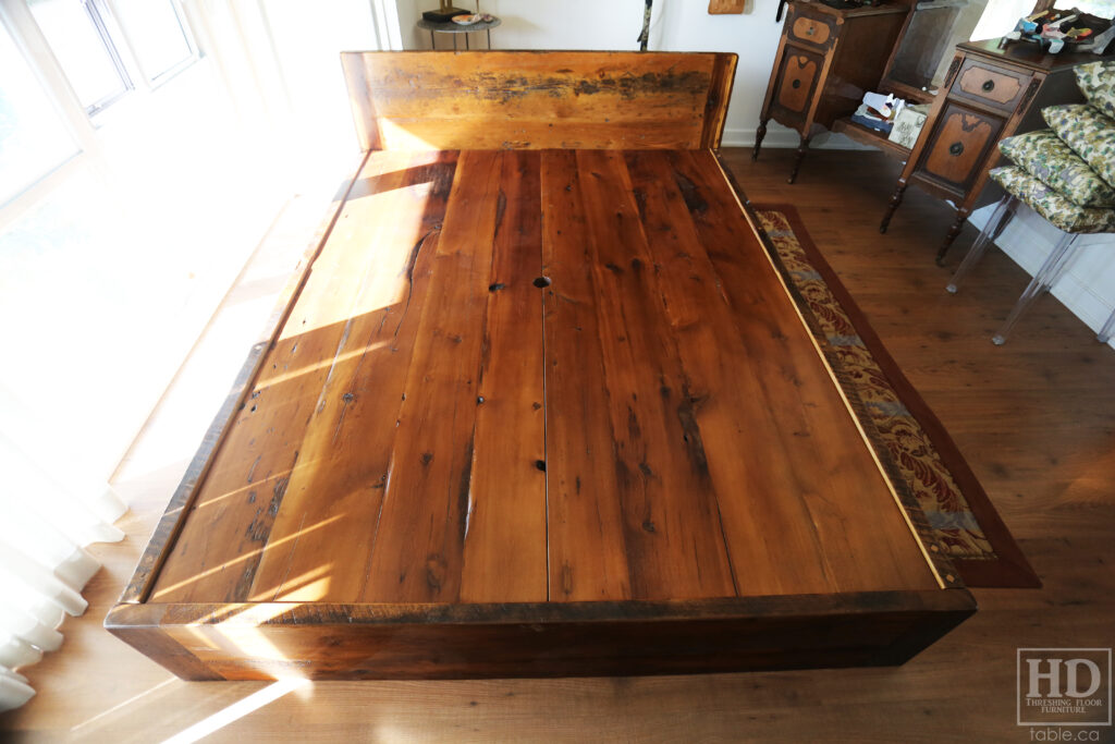 Ontario Barnwood Queen Sized Platform Bed - Reclaimed 2" Hemlock Threshing Floor Construction - Bottom Drawers / notch out handles - Built-in swivel end table platforms - Polyurethane clearcoat finish - www.table.ca