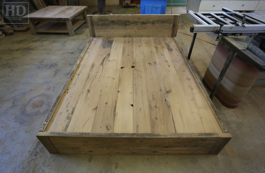 Ontario Barnwood Queen Sized Platform Bed - Reclaimed 2" Hemlock Threshing Floor Construction - Bottom Drawers / notch out handles - Built-in swivel end table platforms - Polyurethane clearcoat finish - www.table.ca