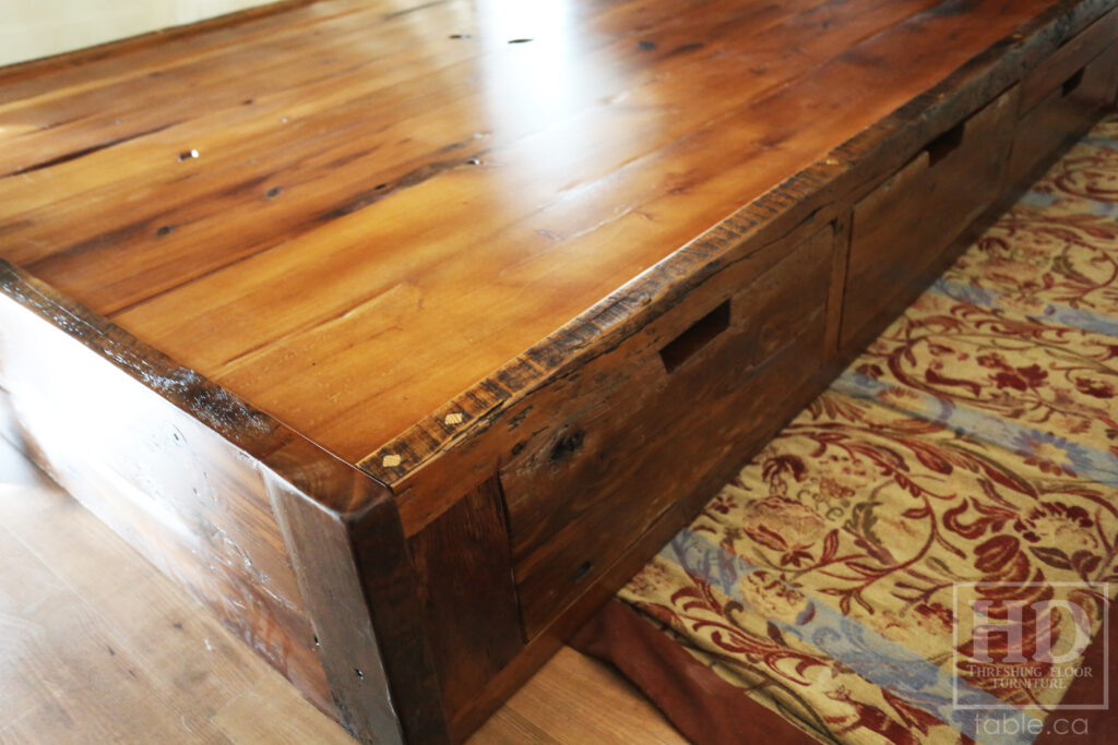 Ontario Barnwood Queen Sized Platform Bed - Reclaimed 2" Hemlock Threshing Floor Construction - Bottom Drawers / notch out handles - Built-in swivel end table platforms - Polyurethane clearcoat finish - www.table.ca