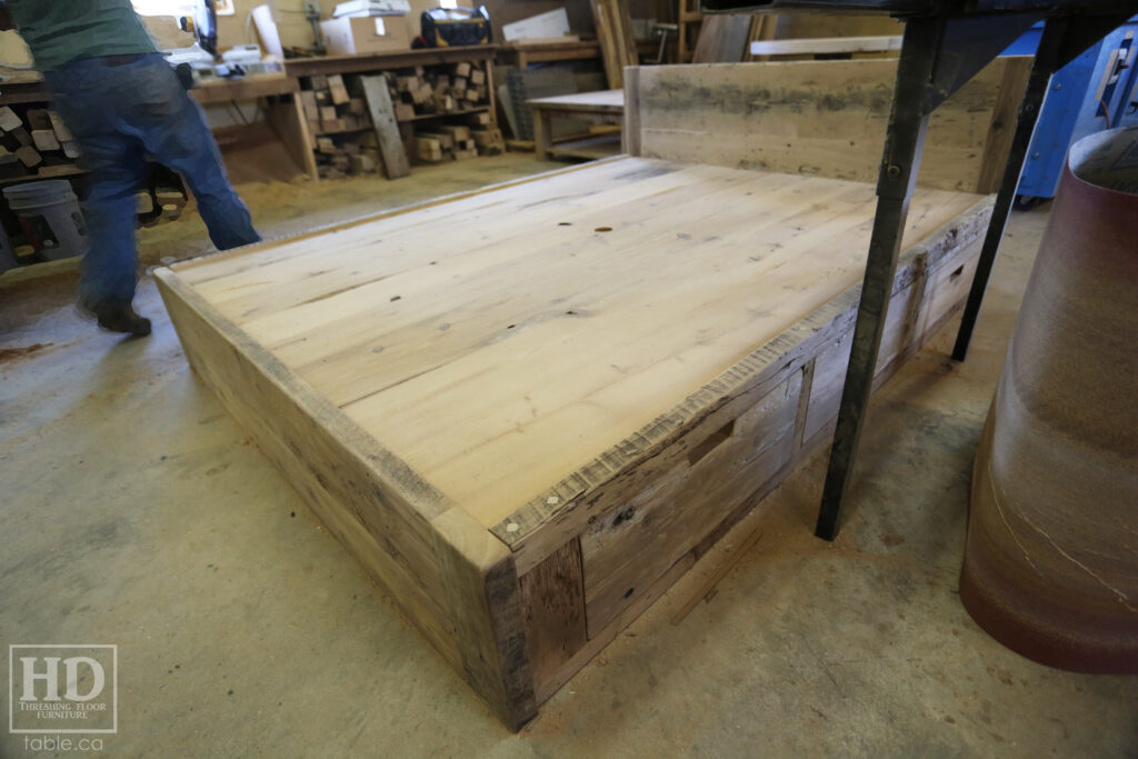 Ontario Barnwood Queen Sized Platform Bed - Reclaimed 2" Hemlock Threshing Floor Construction - Bottom Drawers / notch out handles - Built-in swivel end table platforms - Polyurethane clearcoat finish - www.table.ca