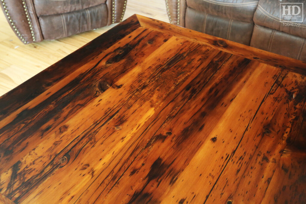 60" x 60" Ontario Barnwood Coffee Table we made for a Otterville home - 18" height - Straight 4"x4" Windbrace Beam Legs - Bottom 1" Grainery Board Shelf - Hemlock Threshing Floor 2" Top - Original edges & distressing maintained - Premium epoxy + satin polyurethane finish / www.table.ca