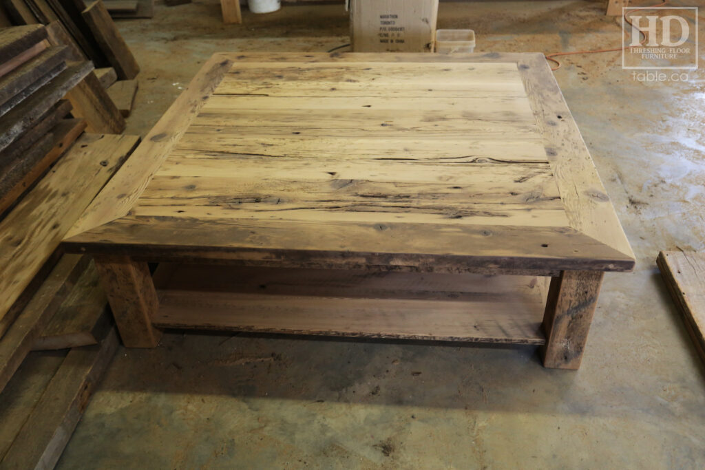 60" x 60" Ontario Barnwood Coffee Table we made for a Otterville home - 18" height - Straight 4"x4" Windbrace Beam Legs - Bottom 1" Grainery Board Shelf - Hemlock Threshing Floor 2" Top - Original edges & distressing maintained - Premium epoxy + satin polyurethane finish / www.table.ca