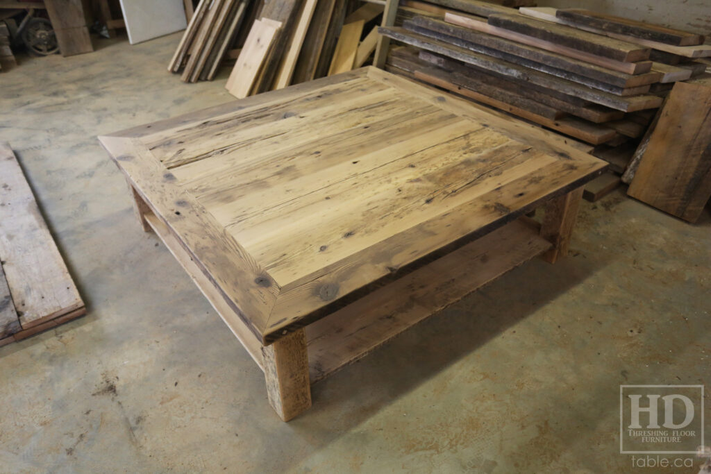 60" x 60" Ontario Barnwood Coffee Table we made for a Otterville home - 18" height - Straight 4"x4" Windbrace Beam Legs - Bottom 1" Grainery Board Shelf - Hemlock Threshing Floor 2" Top - Original edges & distressing maintained - Premium epoxy + satin polyurethane finish / www.table.ca