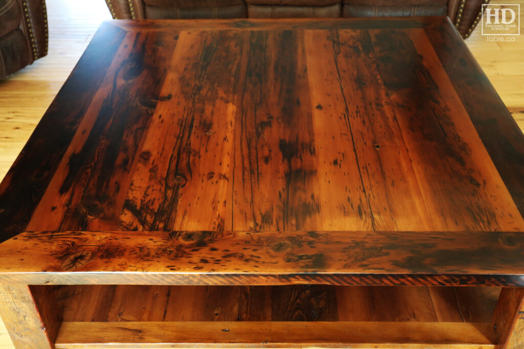 60" x 60" Ontario Barnwood Coffee Table we made for a Otterville home - 18" height - Straight 4"x4" Windbrace Beam Legs - Bottom 1" Grainery Board Shelf - Hemlock Threshing Floor 2" Top - Original edges & distressing maintained - Premium epoxy + satin polyurethane finish / www.table.ca