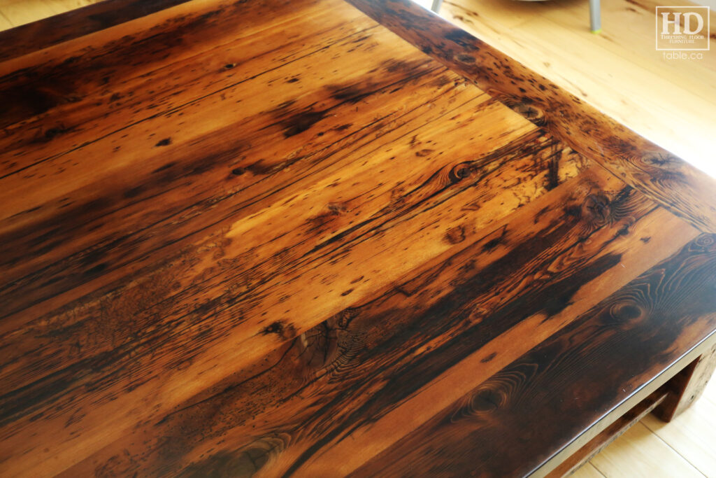 60" x 60" Ontario Barnwood Coffee Table we made for a Otterville home - 18" height - Straight 4"x4" Windbrace Beam Legs - Bottom 1" Grainery Board Shelf - Hemlock Threshing Floor 2" Top - Original edges & distressing maintained - Premium epoxy + satin polyurethane finish / www.table.ca