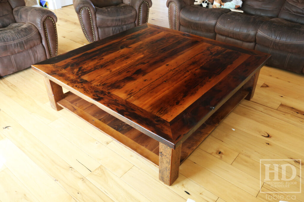 60" x 60" Ontario Barnwood Coffee Table we made for a Otterville home - 18" height - Straight 4"x4" Windbrace Beam Legs - Bottom 1" Grainery Board Shelf - Hemlock Threshing Floor 2" Top - Original edges & distressing maintained - Premium epoxy + satin polyurethane finish / www.table.ca