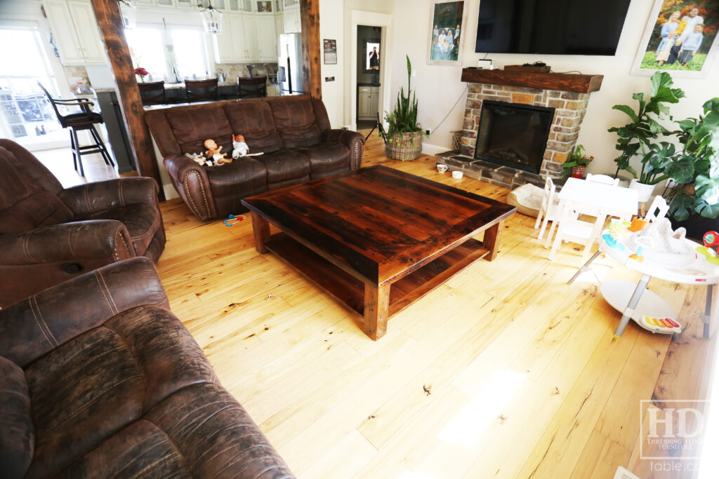 60" x 60" Ontario Barnwood Coffee Table we made for a Otterville home - 18" height - Straight 4"x4" Windbrace Beam Legs - Bottom 1" Grainery Board Shelf - Hemlock Threshing Floor 2" Top - Original edges & distressing maintained - Premium epoxy + satin polyurethane finish / www.table.ca