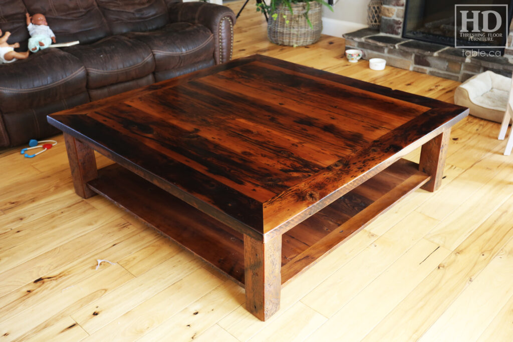 60" x 60" Ontario Barnwood Coffee Table we made for a Otterville home - 18" height - Straight 4"x4" Windbrace Beam Legs - Bottom 1" Grainery Board Shelf - Hemlock Threshing Floor 2" Top - Original edges & distressing maintained - Premium epoxy + satin polyurethane finish / www.table.ca