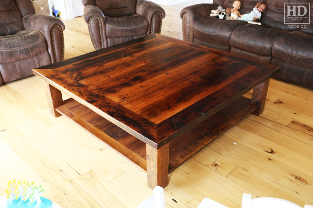 60" x 60" Ontario Barnwood Coffee Table we made for a Otterville home - 18" height - Straight 4"x4" Windbrace Beam Legs - Bottom 1" Grainery Board Shelf - Hemlock Threshing Floor 2" Top - Original edges & distressing maintained - Premium epoxy + satin polyurethane finish / www.table.ca