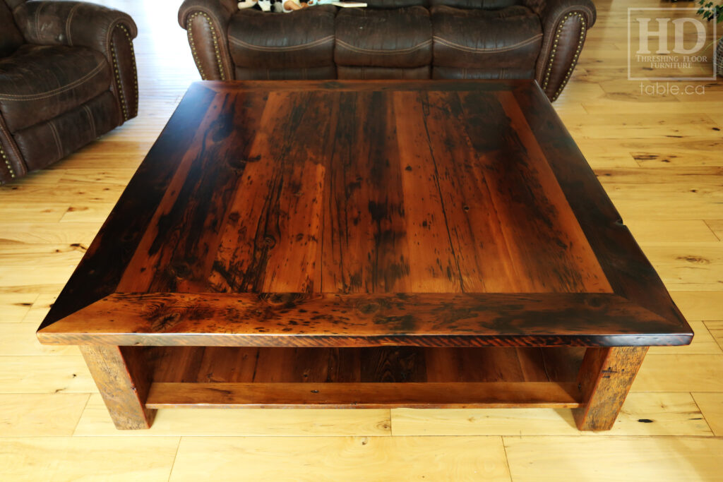 60" x 60" Ontario Barnwood Coffee Table we made for a Otterville home - 18" height - Straight 4"x4" Windbrace Beam Legs - Bottom 1" Grainery Board Shelf - Hemlock Threshing Floor 2" Top - Original edges & distressing maintained - Premium epoxy + satin polyurethane finish / www.table.ca