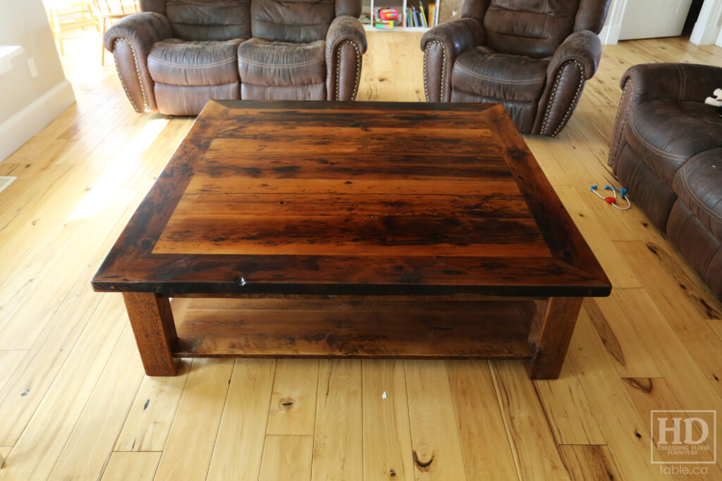 60" x 60" Ontario Barnwood Coffee Table we made for a Otterville home - 18" height - Straight 4"x4" Windbrace Beam Legs - Bottom 1" Grainery Board Shelf - Hemlock Threshing Floor 2" Top - Original edges & distressing maintained - Premium epoxy + satin polyurethane finish / www.table.ca