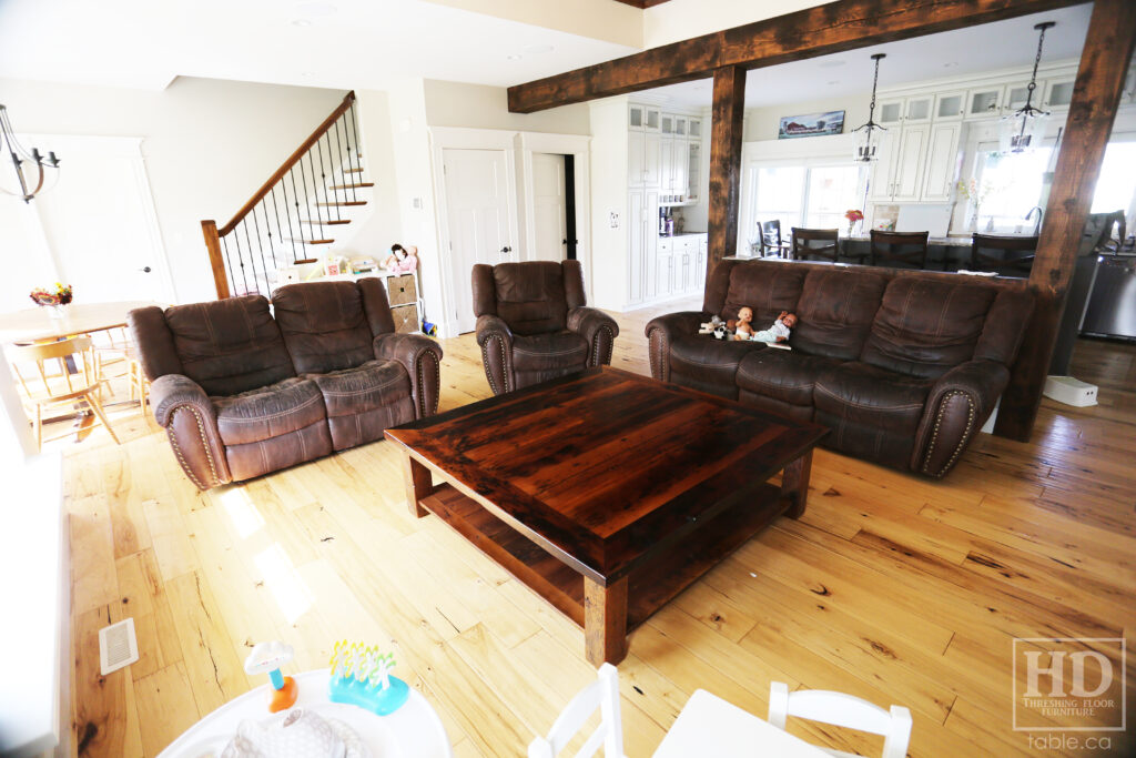 60" x 60" Ontario Barnwood Coffee Table we made for a Otterville home - 18" height - Straight 4"x4" Windbrace Beam Legs - Bottom 1" Grainery Board Shelf - Hemlock Threshing Floor 2" Top - Original edges & distressing maintained - Premium epoxy + satin polyurethane finish / www.table.ca