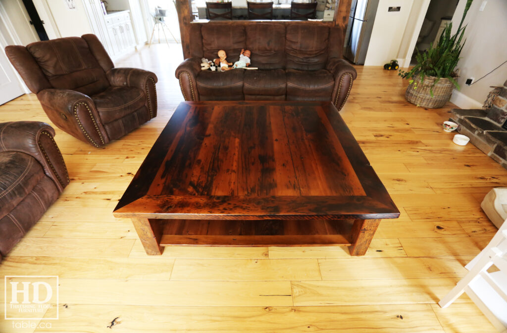 60" x 60" Ontario Barnwood Coffee Table we made for a Otterville home - 18" height - Straight 4"x4" Windbrace Beam Legs - Bottom 1" Grainery Board Shelf - Hemlock Threshing Floor 2" Top - Original edges & distressing maintained - Premium epoxy + satin polyurethane finish / www.table.ca