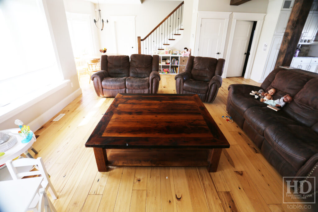 60" x 60" Ontario Barnwood Coffee Table we made for a Otterville home - 18" height - Straight 4"x4" Windbrace Beam Legs - Bottom 1" Grainery Board Shelf - Hemlock Threshing Floor 2" Top - Original edges & distressing maintained - Premium epoxy + satin polyurethane finish / www.table.ca