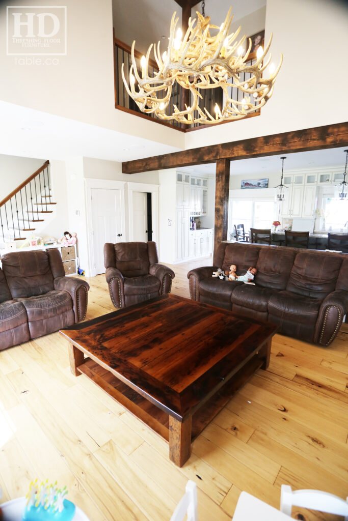 60" x 60" Ontario Barnwood Coffee Table we made for a Otterville home - 18" height - Straight 4"x4" Windbrace Beam Legs - Bottom 1" Grainery Board Shelf - Hemlock Threshing Floor 2" Top - Original edges & distressing maintained - Premium epoxy + satin polyurethane finish / www.table.ca