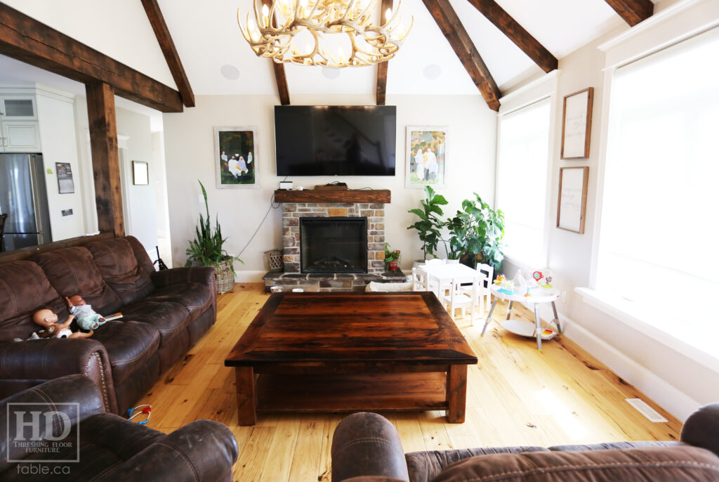 60" x 60" Ontario Barnwood Coffee Table we made for a Otterville home - 18" height - Straight 4"x4" Windbrace Beam Legs - Bottom 1" Grainery Board Shelf - Hemlock Threshing Floor 2" Top - Original edges & distressing maintained - Premium epoxy + satin polyurethane finish / www.table.ca