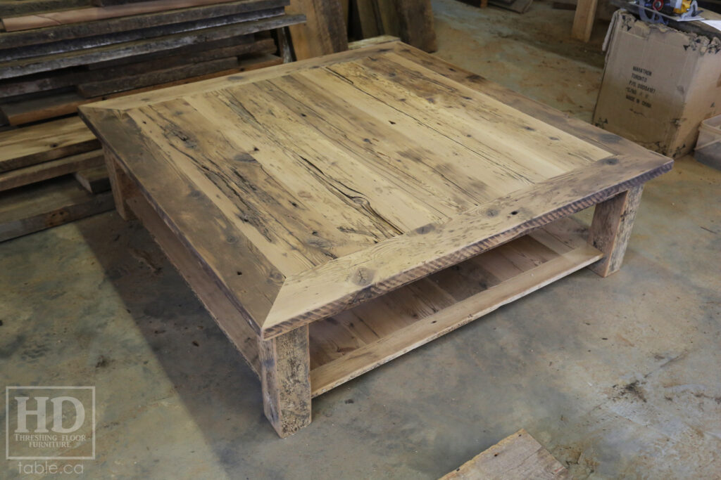 60" x 60" Ontario Barnwood Coffee Table we made for a Otterville home - 18" height - Straight 4"x4" Windbrace Beam Legs - Bottom 1" Grainery Board Shelf - Hemlock Threshing Floor 2" Top - Original edges & distressing maintained - Premium epoxy + satin polyurethane finish / www.table.ca