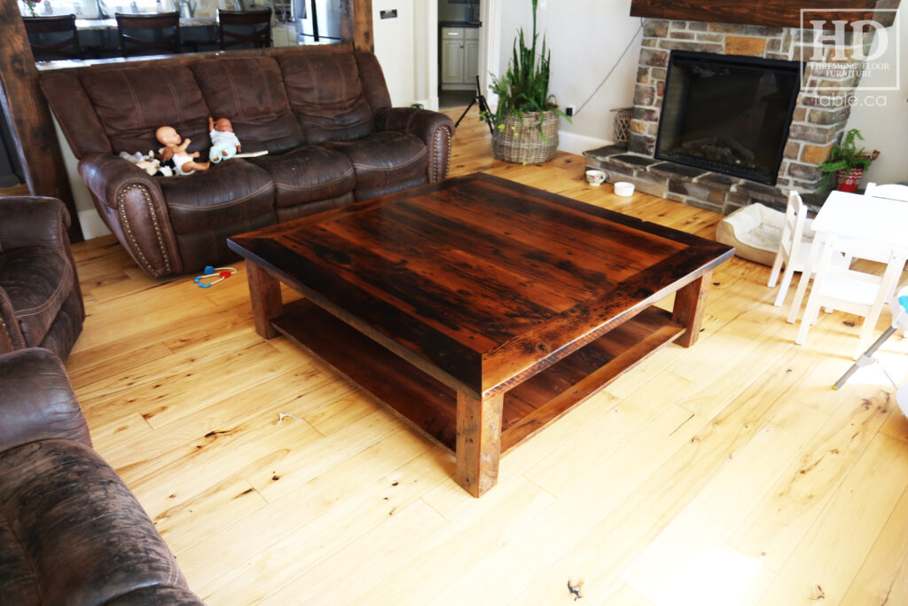 60" x 60" Ontario Barnwood Coffee Table we made for a Otterville home - 18" height - Straight 4"x4" Windbrace Beam Legs - Bottom 1" Grainery Board Shelf - Hemlock Threshing Floor 2" Top - Original edges & distressing maintained - Premium epoxy + satin polyurethane finish / www.table.ca