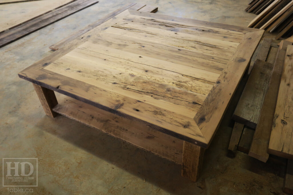 60" x 60" Ontario Barnwood Coffee Table we made for a Otterville home - 18" height - Straight 4"x4" Windbrace Beam Legs - Bottom 1" Grainery Board Shelf - Hemlock Threshing Floor 2" Top - Original edges & distressing maintained - Premium epoxy + satin polyurethane finish / www.table.ca