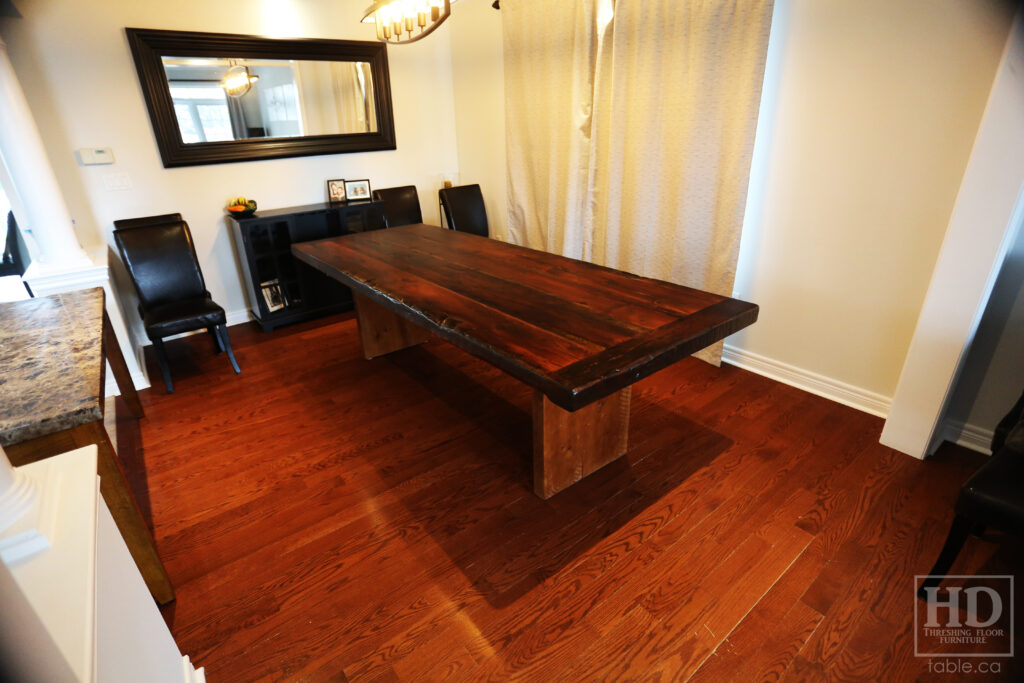 9' Ontario Barnwood Table we made for an Acton Home - 40" wide - 3" [extra thick option] Joist Plank Base - Old Growth Hemlock Threshing Floor Construction - Original edges & distressing maintained - Premium [light thickness] epoxy + matte polyurethane finish - www.table.ca