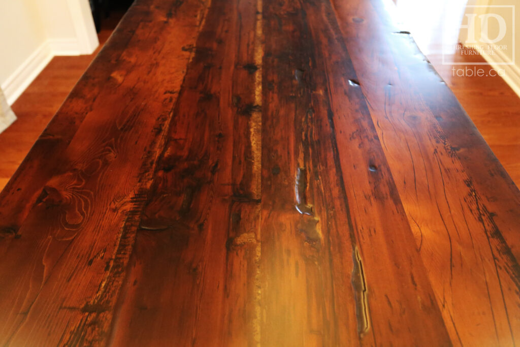 9' Ontario Barnwood Table we made for an Acton Home - 40" wide - 3" [extra thick option] Joist Plank Base - Old Growth Hemlock Threshing Floor Construction - Original edges & distressing maintained - Premium [light thickness] epoxy + matte polyurethane finish - www.table.ca