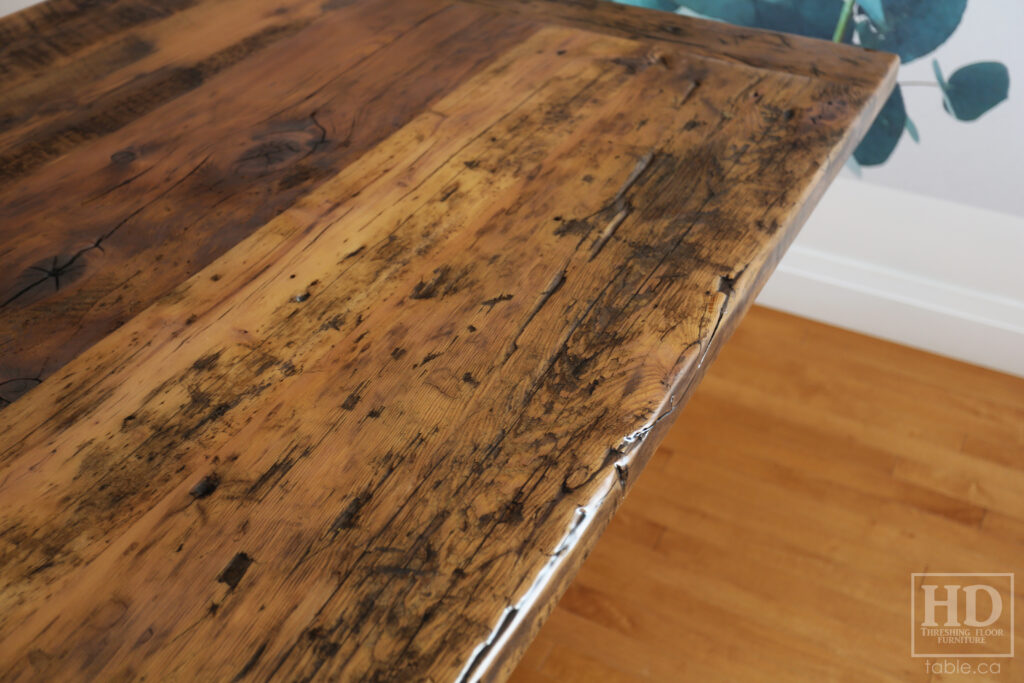 8' Reclaimed Ontario Barnwood Table we made for a Breslau home - 42" wide - Barn Joist Plank Base Option - Old Growth Hemlock Threshing Floor Construction - Original edges & distressing maintained - Premium epoxy + satin polyurethane finish - Greytone Option - www.table.ca