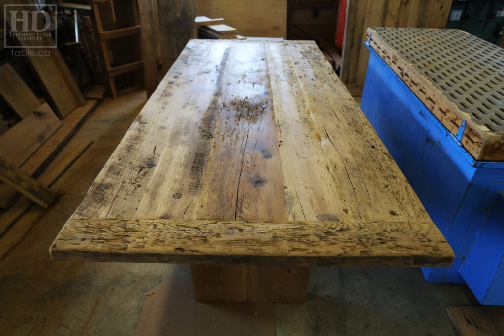 8' Reclaimed Ontario Barnwood Table we made for a Breslau home - 42" wide - Barn Joist Plank Base Option - Old Growth Hemlock Threshing Floor Construction - Original edges & distressing maintained - Premium epoxy + satin polyurethane finish - Greytone Option - www.table.ca