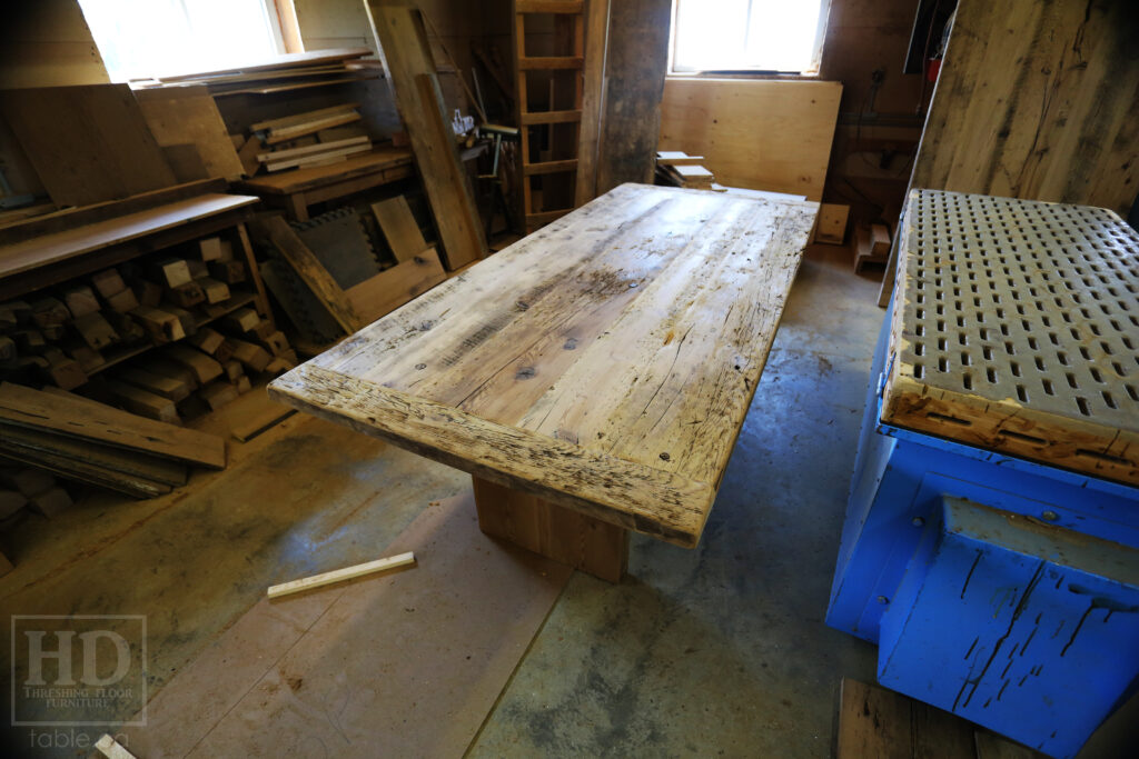 8' Reclaimed Ontario Barnwood Table we made for a Breslau home - 42" wide - Barn Joist Plank Base Option - Old Growth Hemlock Threshing Floor Construction - Original edges & distressing maintained - Premium epoxy + satin polyurethane finish - Greytone Option - www.table.ca