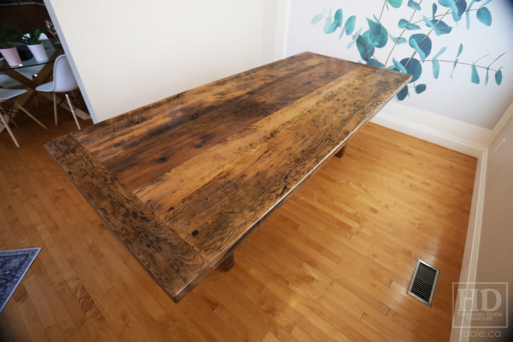 8' Reclaimed Ontario Barnwood Table we made for a Breslau home - 42" wide - Barn Joist Plank Base Option - Old Growth Hemlock Threshing Floor Construction - Original edges & distressing maintained - Premium epoxy + satin polyurethane finish - Greytone Option - www.table.ca