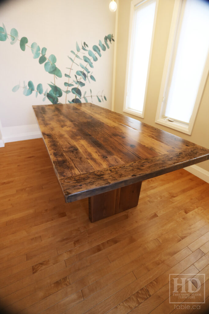 8' Reclaimed Ontario Barnwood Table we made for a Breslau home - 42" wide - Barn Joist Plank Base Option - Old Growth Hemlock Threshing Floor Construction - Original edges & distressing maintained - Premium epoxy + satin polyurethane finish - Greytone Option - www.table.ca