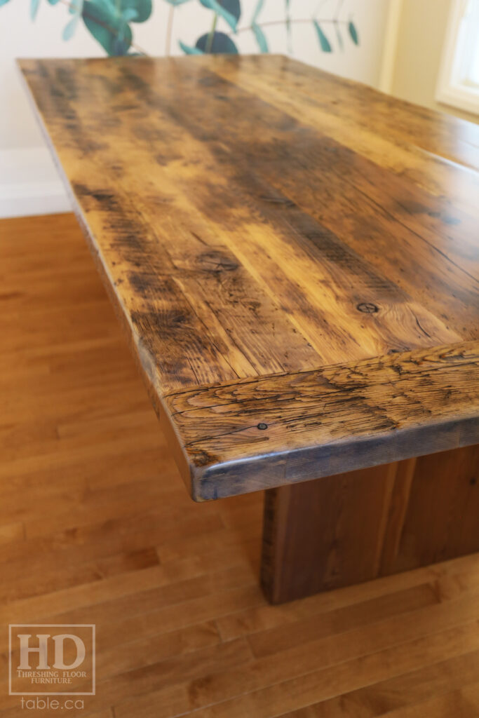 8' Reclaimed Ontario Barnwood Table we made for a Breslau home - 42" wide - Barn Joist Plank Base Option - Old Growth Hemlock Threshing Floor Construction - Original edges & distressing maintained - Premium epoxy + satin polyurethane finish - Greytone Option - www.table.ca