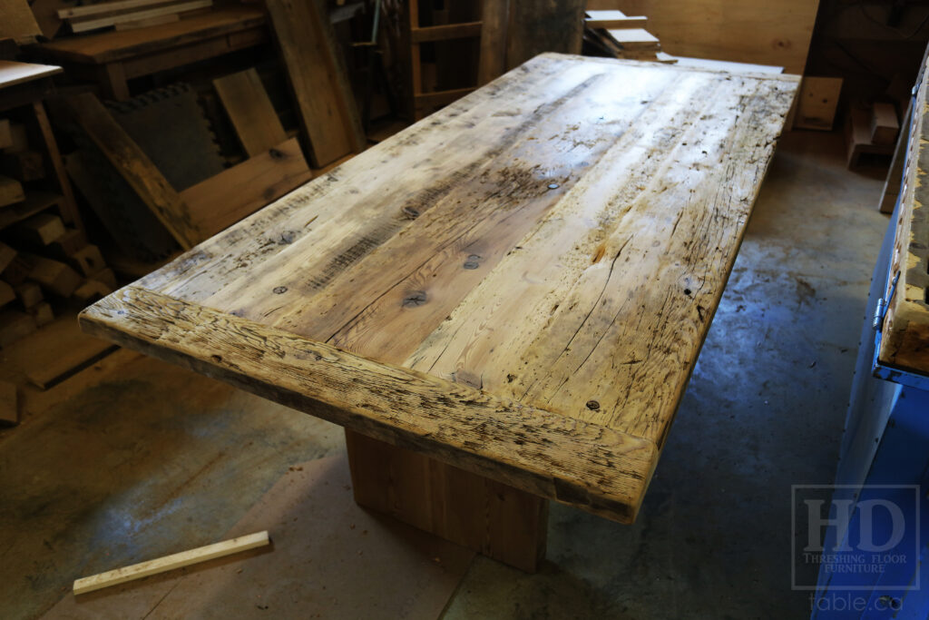 8' Reclaimed Ontario Barnwood Table we made for a Breslau home - 42" wide - Barn Joist Plank Base Option - Old Growth Hemlock Threshing Floor Construction - Original edges & distressing maintained - Premium epoxy + satin polyurethane finish - Greytone Option - www.table.ca