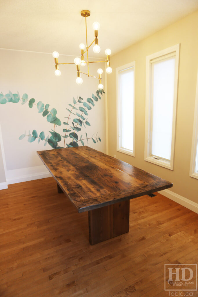 8' Reclaimed Ontario Barnwood Table we made for a Breslau home - 42" wide - Barn Joist Plank Base Option - Old Growth Hemlock Threshing Floor Construction - Original edges & distressing maintained - Premium epoxy + satin polyurethane finish - Greytone Option - www.table.ca