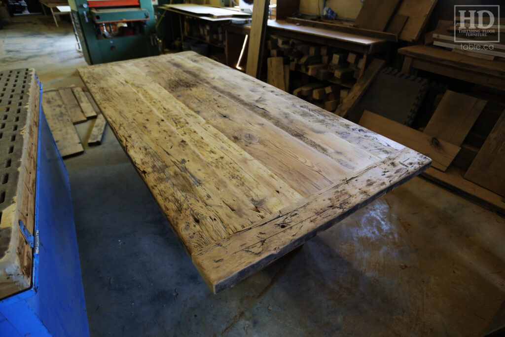 8' Reclaimed Ontario Barnwood Table we made for a Breslau home - 42" wide - Barn Joist Plank Base Option - Old Growth Hemlock Threshing Floor Construction - Original edges & distressing maintained - Premium epoxy + satin polyurethane finish - Greytone Option - www.table.ca