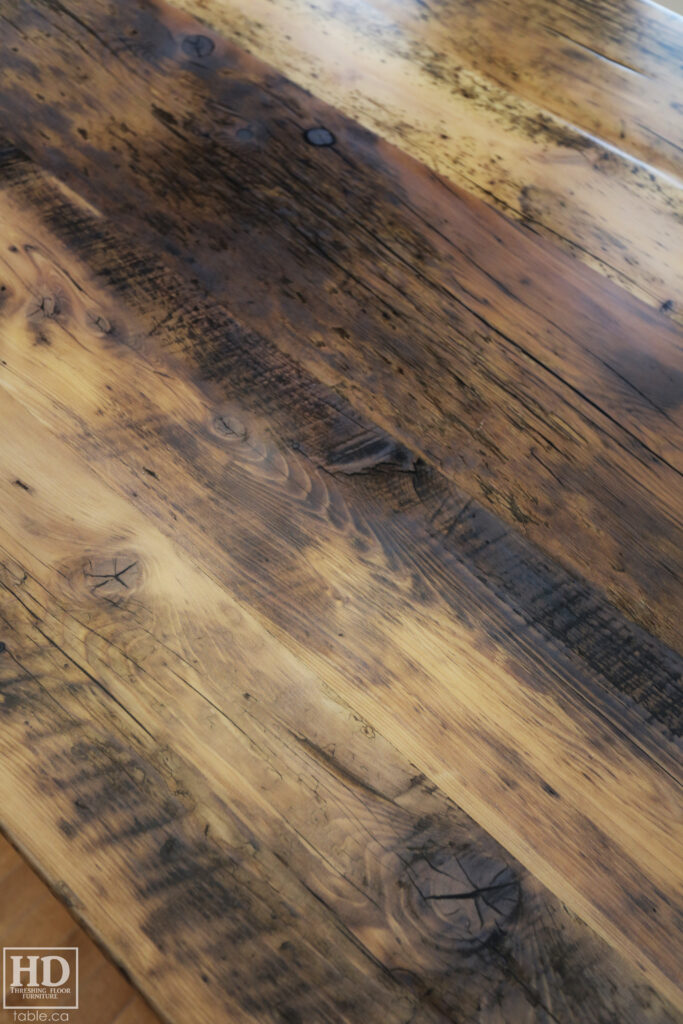 8' Reclaimed Ontario Barnwood Table we made for a Breslau home - 42" wide - Barn Joist Plank Base Option - Old Growth Hemlock Threshing Floor Construction - Original edges & distressing maintained - Premium epoxy + satin polyurethane finish - Greytone Option - www.table.ca