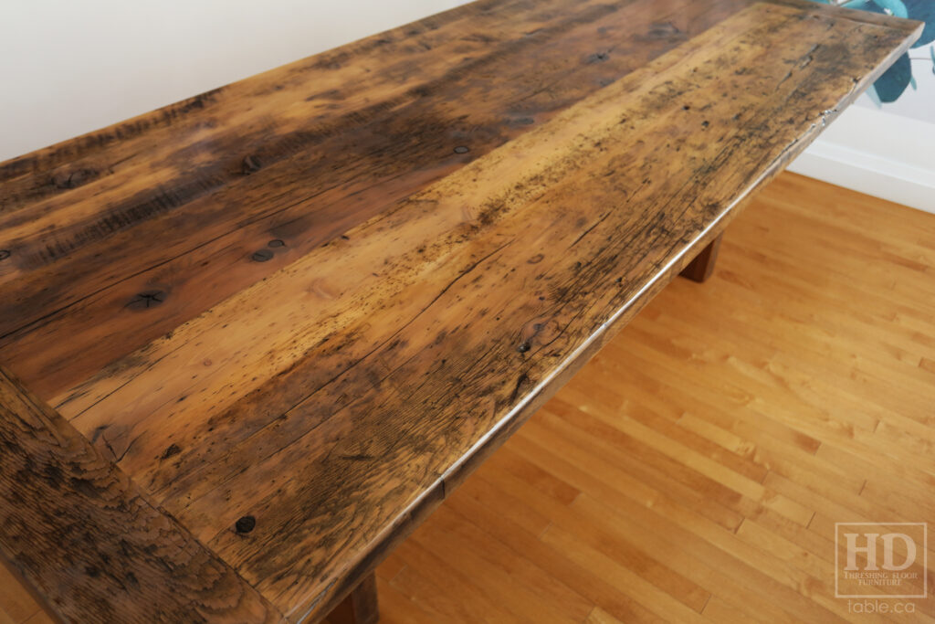 8' Reclaimed Ontario Barnwood Table we made for a Breslau home - 42" wide - Barn Joist Plank Base Option - Old Growth Hemlock Threshing Floor Construction - Original edges & distressing maintained - Premium epoxy + satin polyurethane finish - Greytone Option - www.table.ca