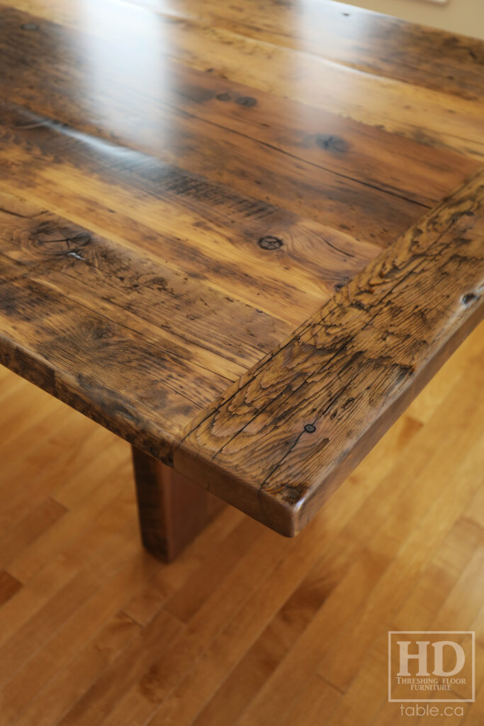 8' Reclaimed Ontario Barnwood Table we made for a Breslau home - 42" wide - Barn Joist Plank Base Option - Old Growth Hemlock Threshing Floor Construction - Original edges & distressing maintained - Premium epoxy + satin polyurethane finish - Greytone Option - www.table.ca