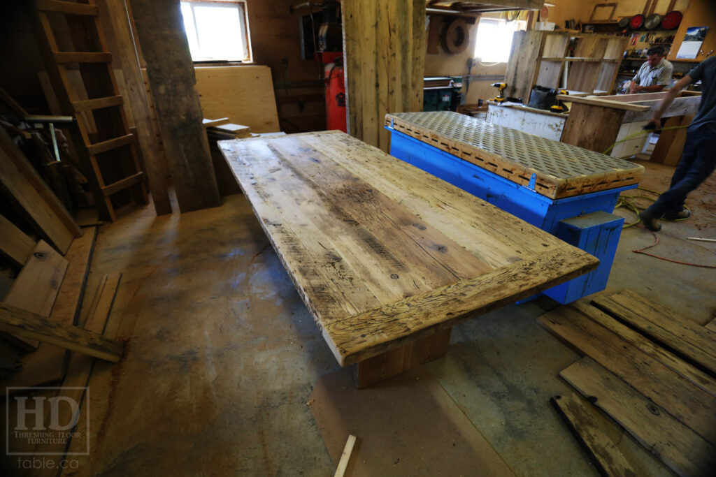 8' Reclaimed Ontario Barnwood Table we made for a Breslau home - 42" wide - Barn Joist Plank Base Option - Old Growth Hemlock Threshing Floor Construction - Original edges & distressing maintained - Premium epoxy + satin polyurethane finish - Greytone Option - www.table.ca