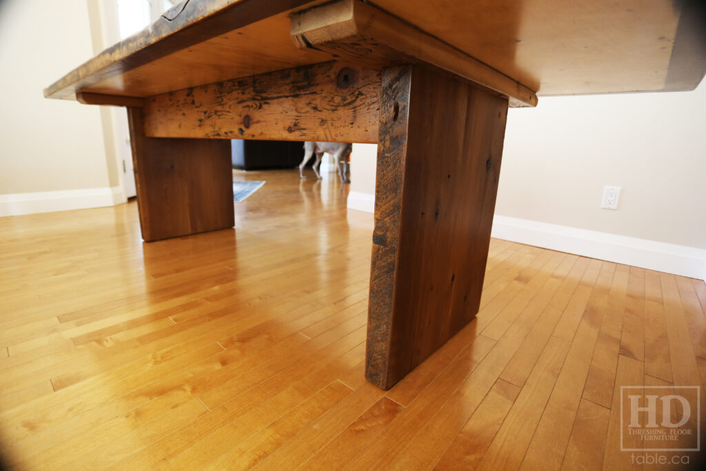 8' Reclaimed Ontario Barnwood Table we made for a Breslau home - 42" wide - Barn Joist Plank Base Option - Old Growth Hemlock Threshing Floor Construction - Original edges & distressing maintained - Premium epoxy + satin polyurethane finish - Greytone Option - www.table.ca