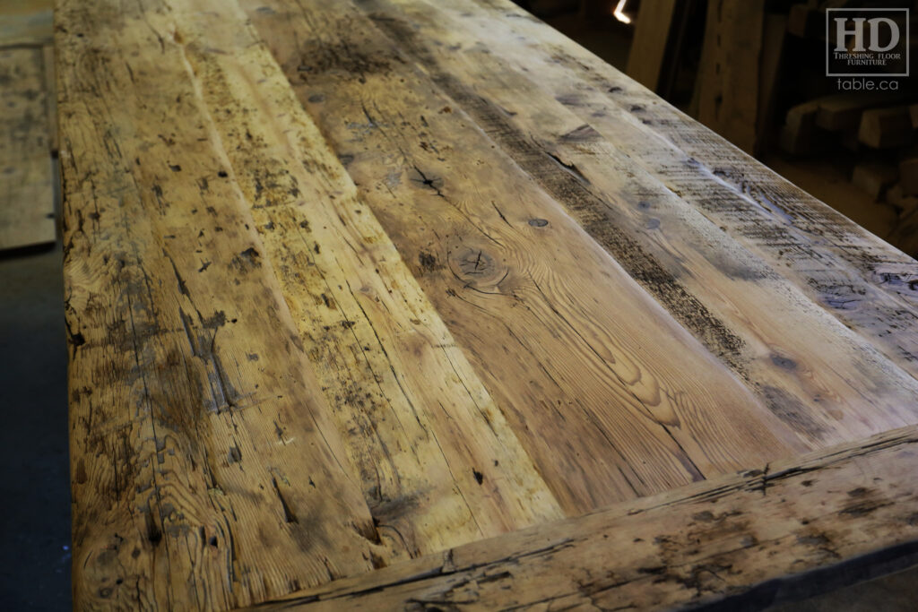 8' Reclaimed Ontario Barnwood Table we made for a Breslau home - 42" wide - Barn Joist Plank Base Option - Old Growth Hemlock Threshing Floor Construction - Original edges & distressing maintained - Premium epoxy + satin polyurethane finish - Greytone Option - www.table.ca