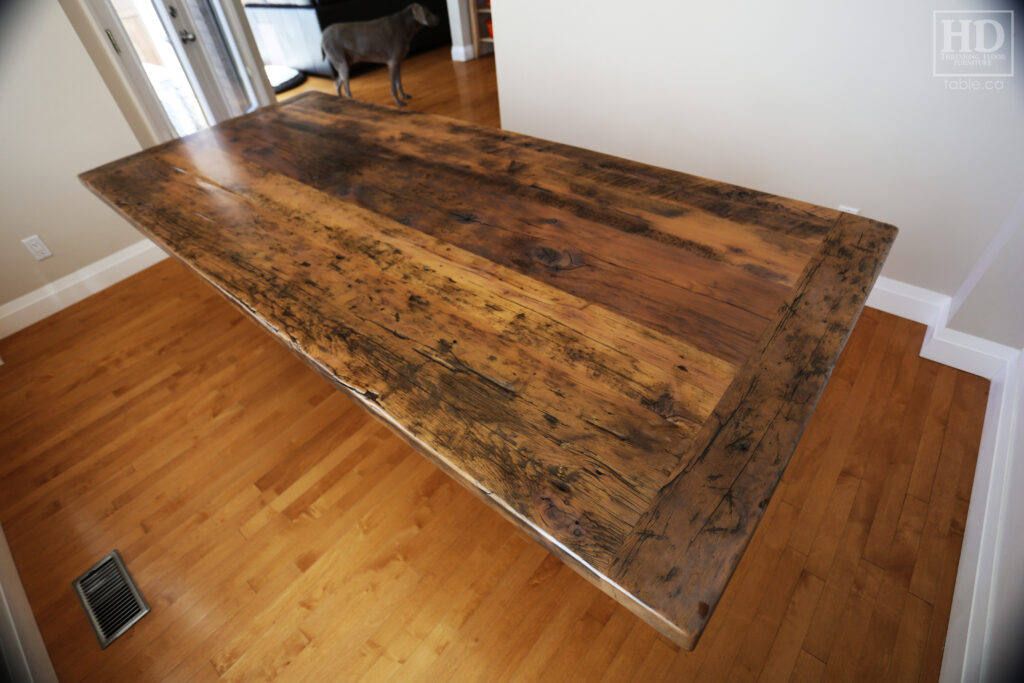 8' Reclaimed Ontario Barnwood Table we made for a Breslau home - 42" wide - Barn Joist Plank Base Option - Old Growth Hemlock Threshing Floor Construction - Original edges & distressing maintained - Premium epoxy + satin polyurethane finish - Greytone Option - www.table.ca