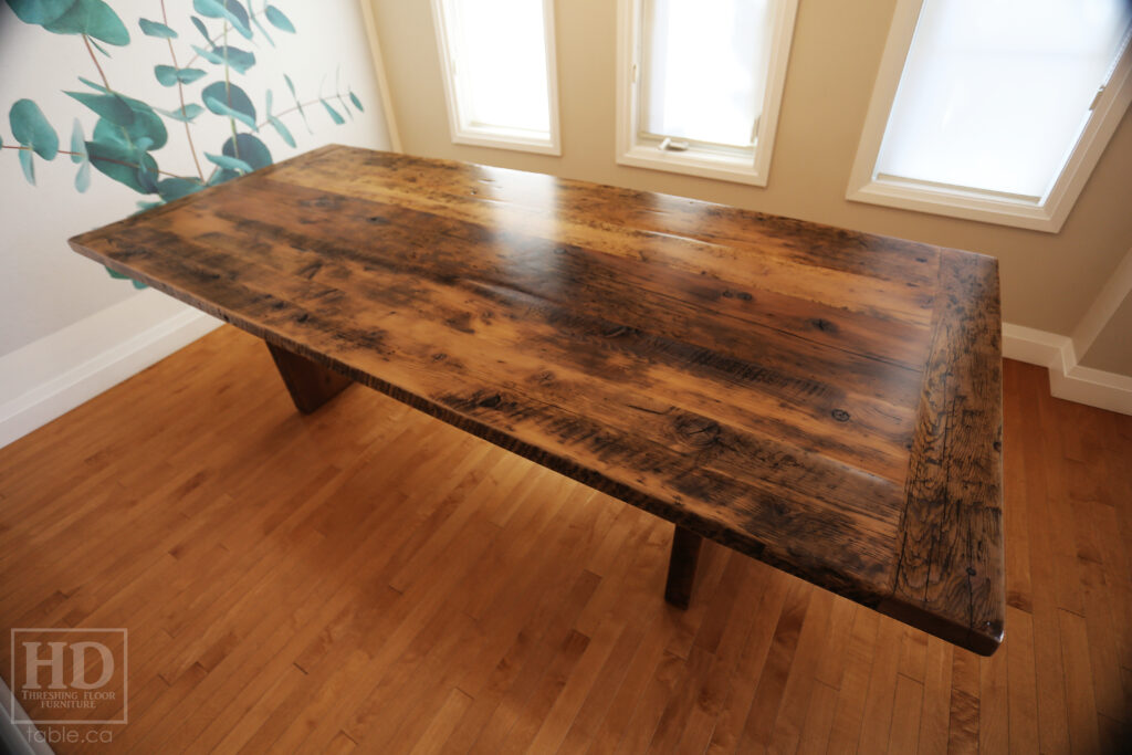 8' Reclaimed Ontario Barnwood Table we made for a Breslau home - 42" wide - Barn Joist Plank Base Option - Old Growth Hemlock Threshing Floor Construction - Original edges & distressing maintained - Premium epoxy + satin polyurethane finish - Greytone Option - www.table.ca