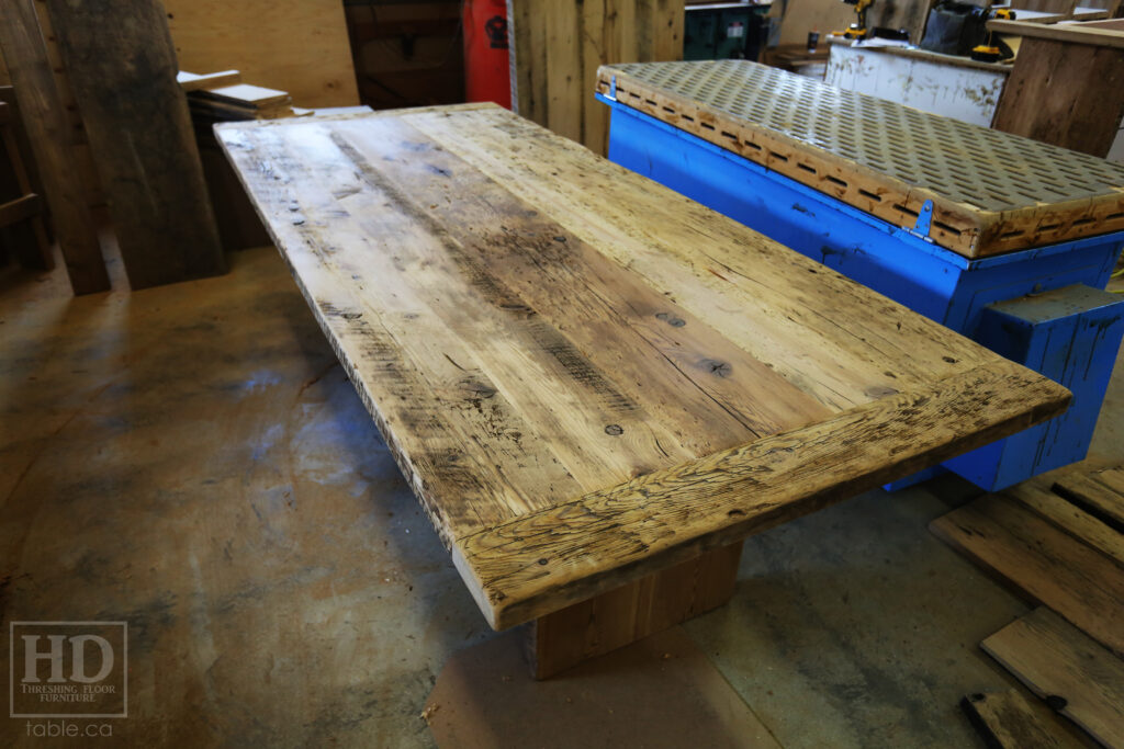 8' Reclaimed Ontario Barnwood Table we made for a Breslau home - 42" wide - Barn Joist Plank Base Option - Old Growth Hemlock Threshing Floor Construction - Original edges & distressing maintained - Premium epoxy + satin polyurethane finish - Greytone Option - www.table.ca